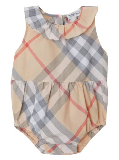 BURBERRY BEIGE BODYSUIT WITH ALL-OVER VINTAGE CHECK MOTIF IN COTTON BABY
