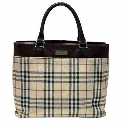Pre-owned Burberry Beige Brown Canvas Leather Tote Bag ()