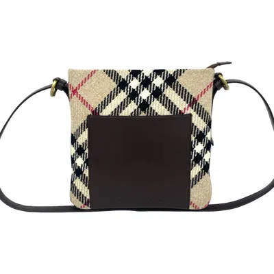 Pre-owned Burberry Beige Brown Leather Wool Pochette Shoulder Bag () In Beige, Brown