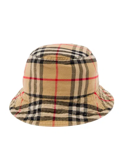 Burberry Beige Bucket Hat With Check Motif In Cotton Man
