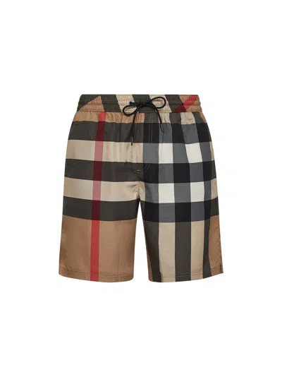 Burberry Beige  Check Swim Trunks In Brown