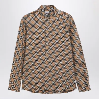 BURBERRY BEIGE BUTTON-DOWN SHIRT WITH CHECK PATTERN