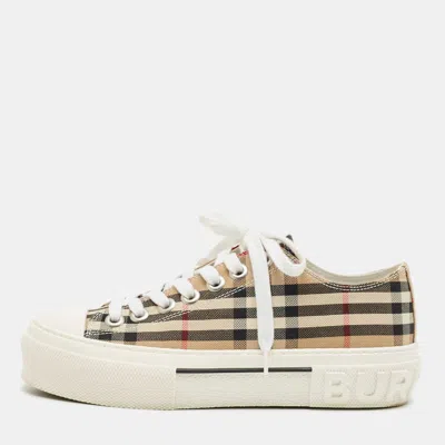 Pre-owned Burberry Beige Canvas And Rubber Check Low Top Sneakers Size 36.5 In Sand