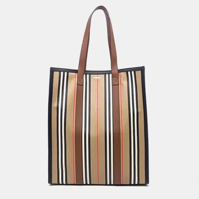 Pre-owned Burberry Beige Canvas Icon Stripe Tote Bag In Sand