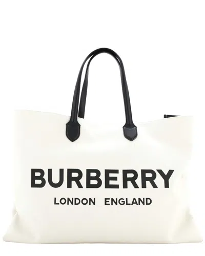Burberry Beige Canvas Lewes Logo Tote Xl (authentic Pre-loved) In White
