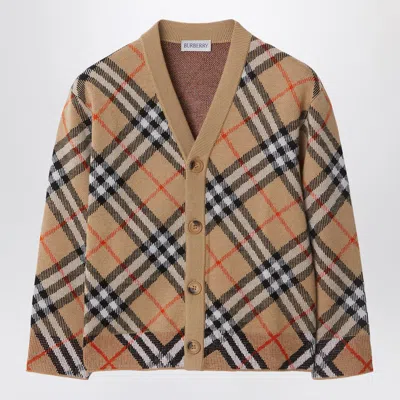 BURBERRY BEIGE CARDIGAN WITH CHECK MOTIF IN WOOL