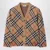 Burberry Beige Cardigan With Check Motif In Wool In Brown