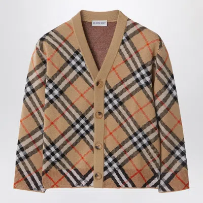 BURBERRY BEIGE CARDIGAN WITH CHECK MOTIF IN WOOL