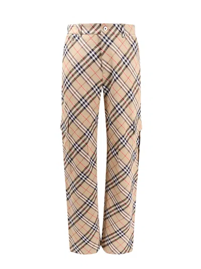 Burberry Beige Cargo Pants With Vintage Check Motif In Linen And Cotton Blend Man