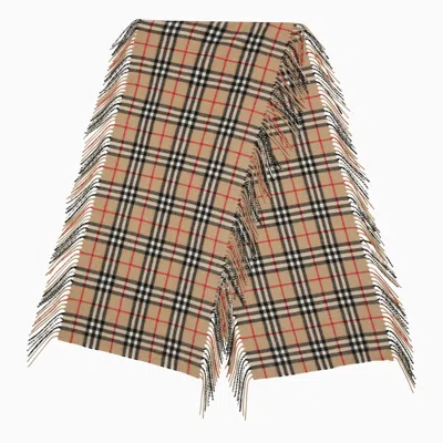 Burberry Beige Check Cashmere Fringed Scarf In Cream