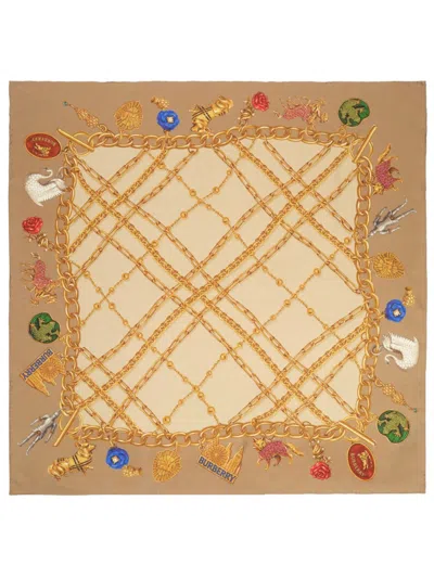 Burberry Beige Charm Collection Printed Scarf In Brown