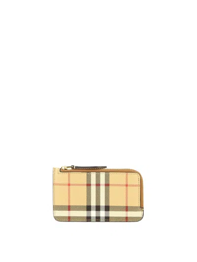 Burberry Beige Check And Leather Zip Card Case