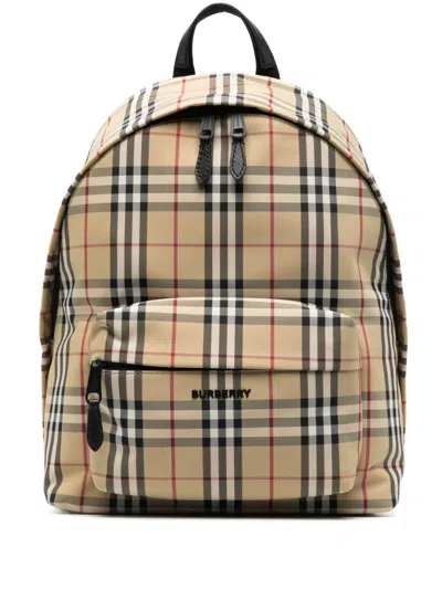 Burberry Beige Check Backpack With Adjustable Straps In Tan