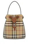 Burberry Drawstring Bucket Bag With Signature Plaid Pattern In Neutral