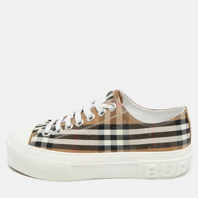 Pre-owned Burberry Beige Check Canvas Lace Up Sneakers Size 37 In Sand