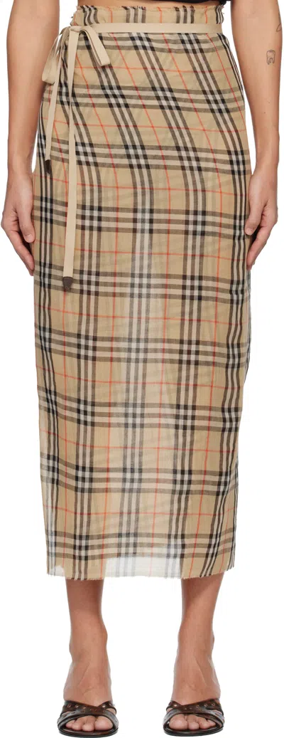 Burberry Beige Check Cotton Sarong Midi Skirt In Brown