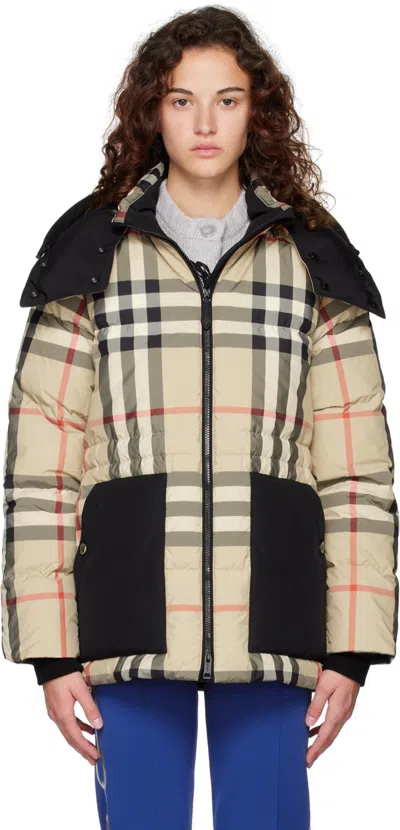 Burberry Beige Check Down Jacket In Arch Beige Ip Chk Ca