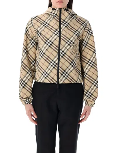Burberry Cropped Check Jacket With Drawstring Hood In Gold