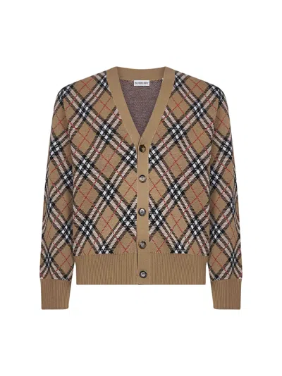 Burberry Beige Check Knit Cardigan In Brown