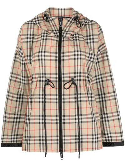 Burberry Beige Check Motif Hooded Jacket For Women