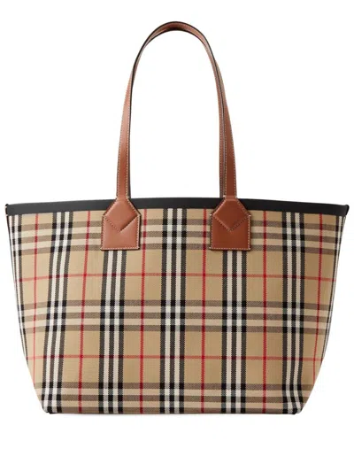 BURBERRY BEIGE CHECK MOTIF SHOPPING BAG