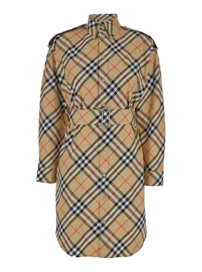 BURBERRY BEIGE CHECK MOTIV COTTON SHIRT DRESS