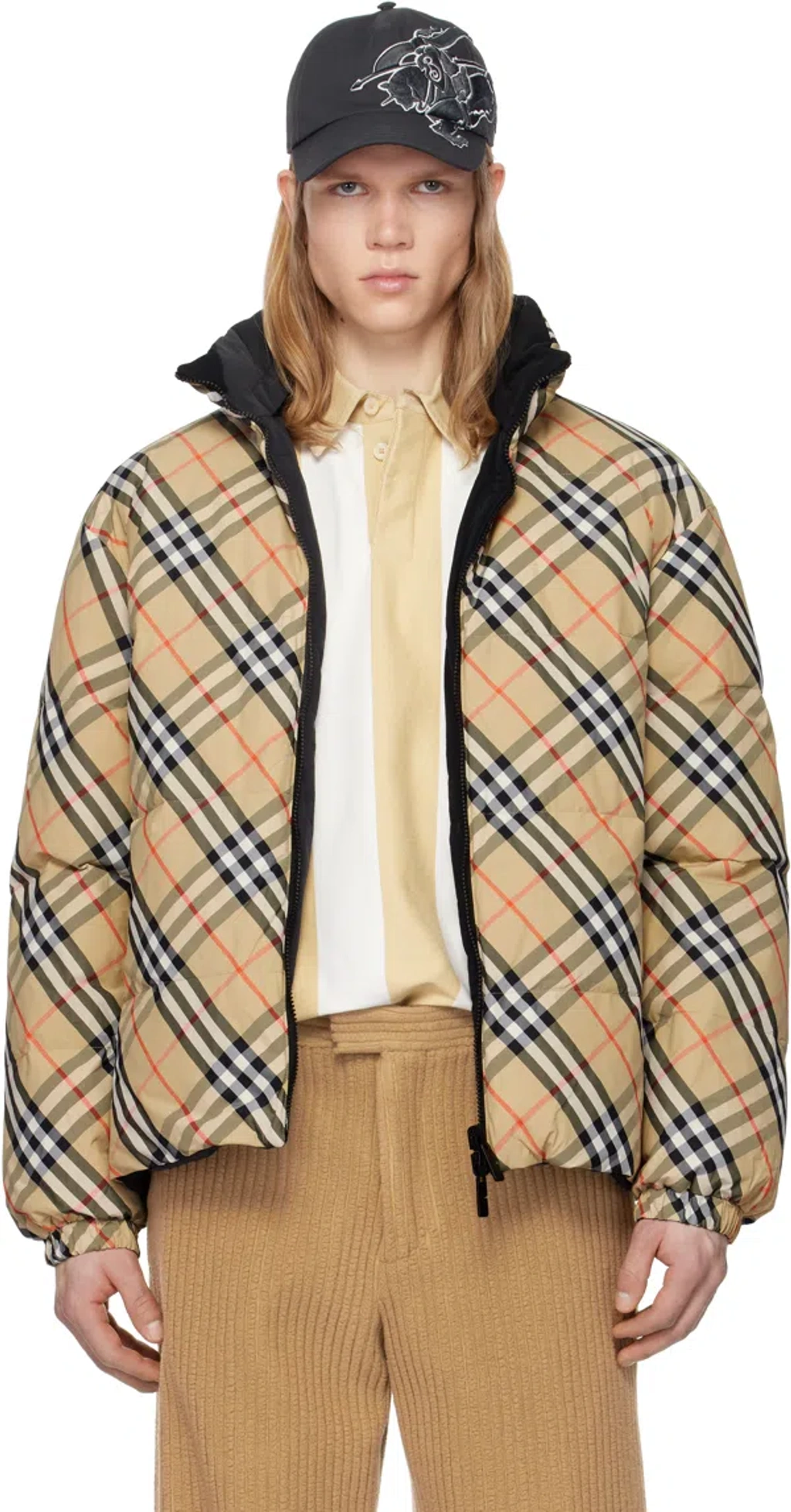 Burberry Beige Check Nylon Reversible Down Puffer Jacket In