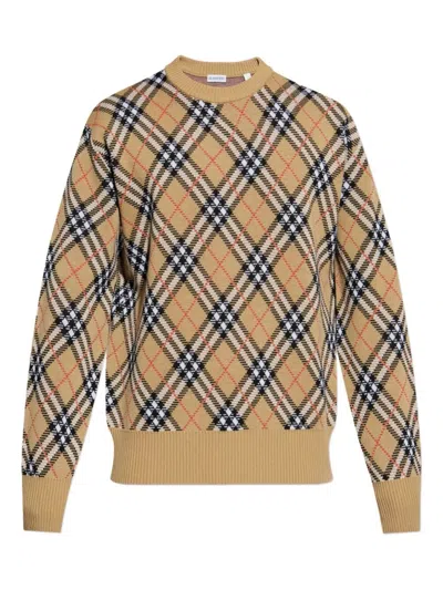 BURBERRY BEIGE CHECK-PATTERN CREWNECK PULLOVER