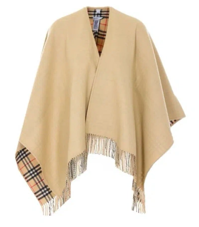 Burberry Beige Check Pattern Reversible Design V-neck Open Front Draped Design Fringed Edge In Neutral