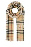 Burberry Wool Scarf With Embroidered Check Pattern And Fringed Edges In Beige