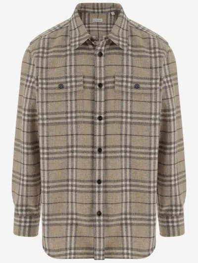 Burberry Beige Check Pattern Wool Shirt In Gray