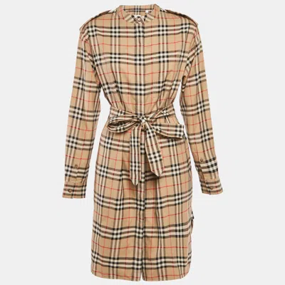 Pre-owned Burberry Beige Check Print Cotton Belted Short Dress M In Sand