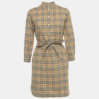 Pre-owned Burberry Beige Check Print Cotton Shirt Dress S In Sand