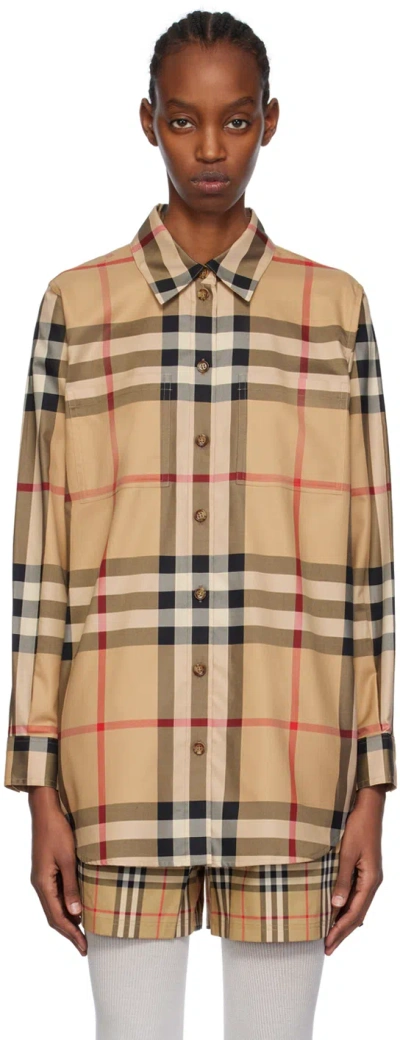 Burberry Embroidered Check Pattern Cotton Shirt In Neutral