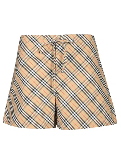 Burberry Women Beige Shorts With Elastic Drawstring Waist And All-over Check Motif In Cotton Woman In Brown