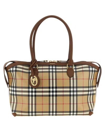 Burberry Beige Check Small Tote In Multi