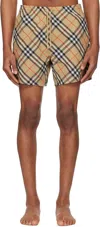 Burberry Beige Swim Trunks With Check Motif In Polyamide Man In Sand Ip Check