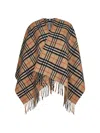 Burberry Charlotte Cape With Plaid Pattern And Fringe In Brown