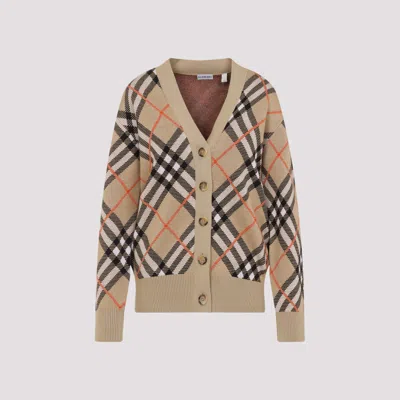 Burberry Beige Cardigan With Check Motif In Wool And Mohair In Multi