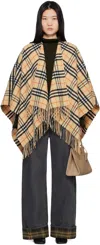 Burberry Charlotte Cape With Plaid Pattern And Fringe In Sand