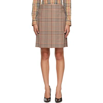 Burberry Beige Check Wool Kilt Midi Skirt In Brown
