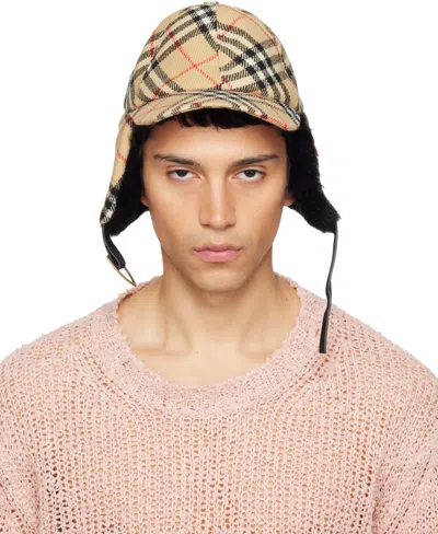 Burberry Beige Check Wool Trapper Cap In Neutral