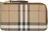 Burberry Beige Check Zip Card Holder In Brown