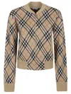 Burberry Beige Checked Cardigan With Ribbed Finish In Brown