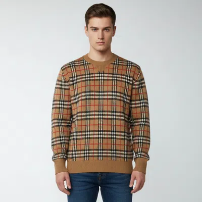 Pre-owned Burberry Beige Checked Cashmere Knit Crew Neck Sweater Xl In Sand