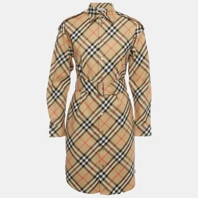 Pre-owned Burberry Beige Checked Cotton Belted Mini Shirt Dress Xs