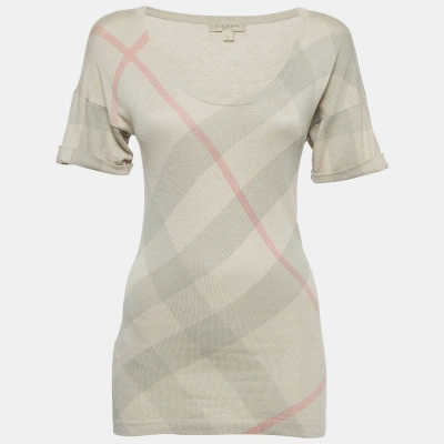 Pre-owned Burberry Beige Checked Silk Blend Knit V-neck T-shirt Xs