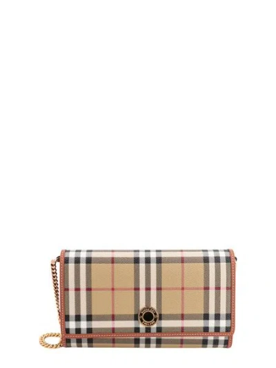 Burberry Beige Checkered Chain-trim Wallet For Women In Brown