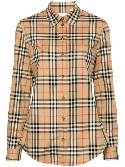 Burberry Beige Checkered Cotton Shirt With Pleat Detailing For Women