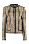 BURBERRY BEIGE CHECKERED JACKET WITH LEATHER TRIM AND FRINGED HEMLINE